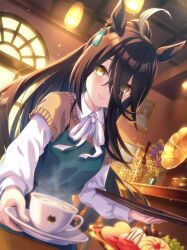 1girl absurdres ahoge animal_ears apron bad_link black_hair coffee cup food game_cg hair_between_eyes hair_ornament highres horse_ears horse_girl manhattan_cafe_(umamusume) official_alternate_costume official_alternate_hairstyle official_art plate pov saucer smile solo sweets teacup umamusume yellow_eyes