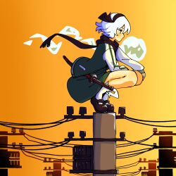 Rule 34 | 1girl, black bow, black hairband, black scarf, black shoes, bow, cityscape, from side, full body, ghost, gramgarage9, green skirt, grey hair, hairband, highres, hitodama, katana, konpaku youmu, konpaku youmu (ghost), orange background, outdoors, scabbard, scarf, sheath, shoes, short hair, skirt, socks, solo, squatting, sword, touhou, utility pole, wakizashi, weapon