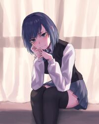 1girl absurdres black_thighhighs black_vest blush bow bowtie breasts closed_mouth collared_shirt curtains grey_skirt hair_ribbon hands_up highres kurokawa_akane layered_sleeves long_sleeves looking_at_viewer medium_breasts oshi_no_ko pleated_skirt purple_bow purple_bowtie purple_eyes purple_hair ribbon school_uniform shirt short_hair short_over_long_sleeves short_sleeves sitting skirt smile solo thighhighs tyrezal vest white_shirt zettai_ryouiki