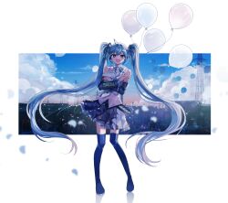 Rule 34 | 1girl, :d, absurdres, ahoge, balloon, bare shoulders, black boots, black skirt, black sleeves, blue eyes, blue flower, blue hair, blue rose, blue sky, boots, building, cloud, collared shirt, commentary request, danjou sora, day, detached sleeves, flower, full body, hair between eyes, hatsune miku, highres, hugging object, long hair, long sleeves, looking at viewer, open mouth, petals, pleated skirt, power lines, reflection, rose, shirt, skirt, sky, sleeveless, sleeveless shirt, smile, solo, standing, thigh boots, transmission tower, very long hair, vocaloid, white background, white shirt, wide sleeves