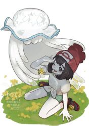 Rule 34 | 1girl, absurdres, artist name, beanie, black hair, blue eyes, blush, floral print, flower, gen 7 pokemon, green shorts, hat, highres, miu (miuuu 721), nihilego, nintendo, one eye closed, open mouth, petals, pokemon, pokemon (creature), pokemon sm, red hat, red shoes, selene (pokemon), shirt, shoes, short hair, short shorts, short sleeves, shorts, sitting, smile, tied shirt, ultra beast, wariza, white background, yellow shirt
