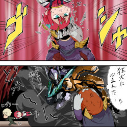 1boy 2girls amate_yuzuriha aqua_eyes blonde_hair bodysuit brown_hair cape char_aznable fleeing funnels_(gundam) gfred gloves gundam gundam_gquuuuuux headbutt helmet jacket kycilia_zabi long_hair long_sleeves mask mecha mecha_pilot_suit military_uniform mobile_suit mouth_mask multiple_girls normal_suit_(gundam) open_mouth pants red_hair robot running ryokasaka science_fiction shirouzu_(gundam) short_hair speech_bubble sweatdrop zeon
