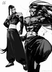 Rule 34 | 1boy, abs, absurdly long hair, alsonotdon, alternate costume, bare shoulders, braid, broad shoulders, chinese clothes, clenched hand, covered pectorals, detached sleeves, earrings, floating hair, hair down, hand on own hip, highres, jamie siu, jewelry, long hair, looking to the side, male focus, mandarin collar, multiple views, muscular, muscular male, pants, pectorals, piercing, sideways glance, simple background, single bang, single braid, slippers, street fighter, street fighter 6, stud earrings, sweat, tight clothes, topless male, veins, very long hair, very sweaty, white background
