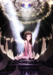 Rule 34 | 1girl, absurdres, angel, angel wings, bad anatomy, bad id, bad pixiv id, breasts, brown eyes, brown hair, eggshell, feathers, female focus, highres, long hair, nipples, nude, original, poorly drawn, small breasts, solo, tears, tom (1art.), wet, wet hair, wings