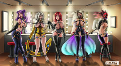 5girls absurdres ahri_(league_of_legends) akali ball_gag bdsm bondage bondage_outfit bound evelynn_(league_of_legends) femdom gag guaky highres k/da_(league_of_legends) k/da_ahri k/da_akali k/da_evelynn k/da_kai&#039;sa kai&#039;sa league_of_legends leash leash_pull linked_piercing multiple_girls nipple_piercing nipples piercing plug_gag ring_gag sona_(league_of_legends) topless_female yuri