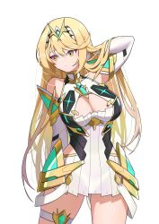 1girl blonde_hair breasts chest_jewel cleavage cleavage_cutout closed_mouth clothing_cutout commentary core_crystal_(xenoblade) cowboy_shot dress elbow_gloves gem gloves green_gemstone hand_in_own_hair hehe_jun highres hip_armor hip_vent large_breasts long_hair mythra_(xenoblade) short_dress simple_background sleeveless sleeveless_dress solo standing swept_bangs thigh_strap tiara white_background white_dress white_gloves xenoblade_chronicles_(series) xenoblade_chronicles_2 yellow_eyes