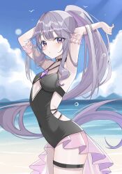 1girl armpits arms_up black_collar black_one-piece_swimsuit breasts casual_one-piece_swimsuit center-flap_bangs chest_jewel collar colored_inner_hair commentary covered_navel cutout_above_navel double-parted_bangs dreamoon from_side gem hair_flaps heart heart_o-ring highres hololive hololive_english holonatsu_paradise jewel_under_eye koseki_bijou koseki_bijou_(holonatsu_paradise) long_hair looking_at_viewer multicolored_hair o-ring o-ring_collar official_alternate_costume official_alternate_hairstyle one-piece_swimsuit pink_hair ponytail presenting_armpit purple_eyes purple_gemstone purple_hair sidelocks small_breasts solo swimsuit thigh_strap very_long_hair virtual_youtuber