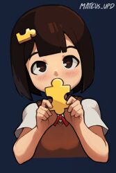 Rule 34 | blush, bob cut, brown eyes, brown hair, brown sweater vest, covering own mouth, hair ornament, hairpin, holding, jig-chan (jiggie), jigsaw puzzle, looking at viewer, mateus upd, original, puzzle, red ribbon, ribbon, school uniform, sweater vest, upper body