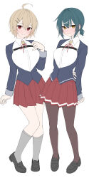 2girls absurdres ahoge aoyagi_(888) arms_behind_back black_pantyhose black_shoes blazer blonde_hair blue_hair blue_jacket blush breasts chest_belt collared_shirt commentary_request curled_fingers eyebrows_hidden_by_hair framed_breasts full_body grey_socks hair_intakes hair_ornament hairpin hand_on_own_chest highres holding_own_arm jacket kawai_ritsu_(rits_meg) kneehighs loafers long_sleeves looking_at_viewer low_ponytail medium_breasts miniskirt multiple_girls neck_ribbon original pantyhose pleated_skirt ponytail red_eyes red_ribbon red_skirt ribbon school_uniform shirt shoes short_hair sidelocks simple_background skirt smile socks underbust white_background x_hair_ornament yellow_eyes