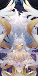 1girl :o absurdly_long_hair absurdres azur_lane ballerina blurry blush breasts choker cleavage closed_eyes clothes_lift clothing_cutout collarbone curtains depth_of_field detached_sleeves double_bun ebichiri_sunday facing_viewer floating_hair frills gradient_background grey_hair hair_between_eyes hair_bun hair_ornament hair_spread_out head_wings highres idol idol_clothes kneeling le_malin_(azur_lane) le_malin_(muse)_(azur_lane) leotard lifting_own_clothes long_hair long_sleeves looking_at_viewer navel official_alternate_costume pantyhose parted_lips revealing_clothes ribbon sidelocks simple_background skirt skirt_hold skirt_lift small_breasts solo stage_curtains star_(symbol) star_symbol_background thigh_gap tutu very_long_hair white_leotard white_pantyhose white_skirt wing_hair_ornament wings