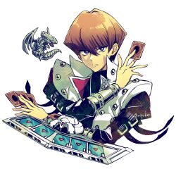 1boy blue-eyes_white_dragon blue_eyes brown_hair card closed_mouth duel_disk duel_monster hair_between_eyes highres holding holding_card kaiba_seto looking_at_viewer male_focus mipokec short_hair twitter_username upper_body white_background yu-gi-oh! yu-gi-oh!_duel_monsters