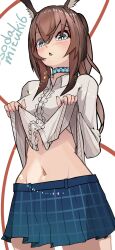 1girl amiya_(arknights) animal_ears arknights blue_eyes blue_skirt brown_hair center_frills choker clothes_lift frills hair_between_eyes highres infection_monitor_(arknights) lifting_own_clothes long_hair long_sleeves midriff mitsuoni_souda navel open_mouth plaid_clothes plaid_skirt pleated_skirt rabbit_ears rabbit_girl shirt shirt_lift simple_background skirt solo twitter_username upper_body white_background white_shirt