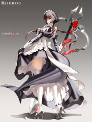 1girl absurdres apron artist_name black_dress black_gloves black_hair black_shoes breasts closed_mouth commentary dress english_commentary fins fish_tail from_side full_body gloves grey_background gun high_heels highres holding holding_sword holding_weapon holster long_sleeves looking_at_viewer louu_heroo maid maid_apron maid_headdress medium_breasts medium_hair multicolored_hair original parted_lips red_eyes shark_tail shoes sidelocks simple_background solo standing streaked_hair sword tail thigh_holster thighhighs weapon white_apron white_thighhighs