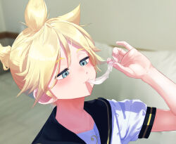 1boy absurdres bare_arms bass_clef black_sailor_collar blonde_hair blue_eyes blush commentary condom condom_in_mouth drinking_from_condom gokkun highres indoors kagamine_len kubari male_focus mouth_hold sailor_collar school_uniform serafuku shirt short_sleeves shota solo upper_body used_condom vocaloid white_shirt yaoi