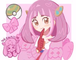 &gt;_&lt; 1girl blunt_bangs blush_stickers brown_eyes chibi closed_eyes coat gloves hair_ornament han0579 index_finger_raised lacey_(pokemon) mismatched_eyebrows nest_ball nintendo open_mouth pink_background pink_hair poke_ball pokemon pokemon_sv smile solo upper_body