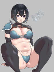 Rule 34 | 1girl, agawa ryou, armor, belt, belt buckle, bikini armor, black gloves, black hair, black shrug, black thighhighs, blue armor, blue eyes, bob cut, breasts, buckle, chest belt, cleavage, dated, double-parted bangs, elbow gloves, feet out of frame, fingerless gloves, gloves, grey background, hair between eyes, looking at viewer, medium breasts, navel, original, parted lips, pauldrons, reclining, revealing clothes, short hair, short sleeves, shoulder armor, shrug (clothing), sidelocks, signature, simple background, single pauldron, solo, thick lips, thighhighs