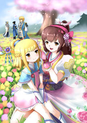 Rule 34 | azai nagamasa, blonde hair, brown eyes, brown hair, chacha, cherry blossoms, family, field, flower, flower field, hair flower, hair ornament, japanese clothes, kimono, oichi, oichi (sengoku musou), otani yoshitsugu, ponytail, sengoku musou, toudou takatora (sengoku musou), tree