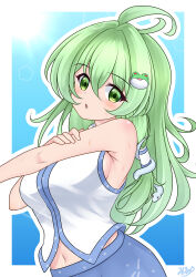 Rule 34 | 1girl, :o, absurdres, ahoge, armpit crease, bare shoulders, blue skirt, blush, breasts, collared shirt, dot nose, frog hair ornament, green eyes, green hair, hair ornament, hair tubes, highres, kochiya sanae, long hair, looking at viewer, midriff, mishihura393, navel, open mouth, patterned clothing, shirt, sideboob, signature, simple background, single hair tube, single sidelock, skirt, skirt set, sleeveless, sleeveless shirt, snake hair ornament, solo, touhou, upper body