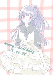 Rule 34 | 1girl, arms at sides, assault lily, black shirt, blush, bow, braid, buttons, closed mouth, commentary request, cowboy shot, cropped legs, dress, frilled dress, frills, fukuyama jeanne sachie, fumi (fumifumi3axl), hair bow, half up braid, half updo, highres, layered dress, light smile, long hair, looking at viewer, mole, mole under eye, no pupils, pinafore dress, pink bow, pink eyes, plaid background, puffy short sleeves, puffy sleeves, purple hair, shirt, short sleeves, sitting, sleeveless, sleeveless dress, solo, white background, white dress