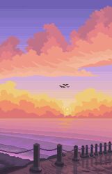 beach bird dock eastblueace highres no_humans ocean original pastel_colors pier pink_clouds pixel_art railing reflection reflective_water scenery shadow sunrise waves yellow_clouds