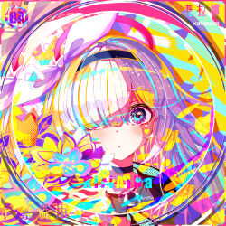 1girl absurdres artist_name black_hairband blue_archive colorful commentary flower hair_over_one_eye hair_ribbon hairband highres kiriaina long_hair looking_at_viewer parted_lips plana_(blue_archive) ribbon solo star_(symbol) upper_body white_hair