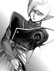 Rule 34 | 1boy, bad id, bad twitter id, bleeding, blood, blood on clothes, blood on hands, crying, dragon ball, dragon ball super, earrings, greyscale, highres, horror (theme), injury, jewelry, long sleeves, looking at viewer, mohawk, monochrome, parted lips, pointy ears, potara earrings, sash, severed arm, severed limb, sffuju, shirt, short hair, solo, zamasu