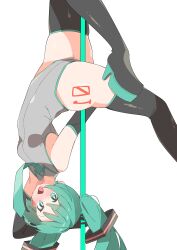 1girl :d absurdres aqua_eyes bare_shoulders black_boots boots detached_sleeves green_eyes green_hair green_necktie hair_ornament hatsune_miku high_heels highres leotard light_blush looking_at_viewer necktie number_tattoo open_mouth pole pole_dancing shirt simple_background sleeveless smile solo tattoo thigh_boots twintails upside-down uruti_2388 vocaloid white_background