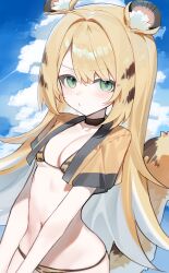 1girl absurdres ahoge animal_ears animal_print bikini blonde_hair blue_sky blush breasts cloud colored_inner_hair day green_eyes highres huu_(dighapdlxm12) ju_fufu loli long_hair looking_at_viewer multicolored_hair navel print_bikini sky small_breasts solo sweatdrop swimsuit tail tiger_ears tiger_print tiger_tail two-tone_hair very_long_hair white_hair zenless_zone_zero
