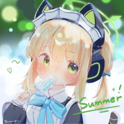 ! 1girl animal_ear_headphones animal_ears apron aqua_bow aqua_bowtie artist_name black_dress blonde_hair blue_archive blue_bow blurry blurry_background blush bokeh bommie bow bowtie cat_ear_headphones cat_ears cat_tail chinese_commentary collared_dress commentary_request contrast_collar depth_of_field dress eating english_text fake_animal_ears fake_tail food food_in_mouth green_eyes green_halo hair_bow halo hand_up headphones heart highres holding holding_food holding_popsicle long_sleeves looking_at_viewer maid maid_apron maid_headdress melting melting_popsicle midori_(blue_archive) midori_(maid)_(blue_archive) official_alternate_costume official_alternate_hairstyle popsicle popsicle_in_mouth popsicle_stick puffy_long_sleeves puffy_sleeves short_hair sidelocks signature solo sweat tail twintails upper_body white_apron white_headdress