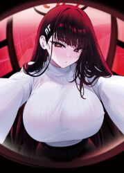 Rule 34 | 1girl, black hair, black skirt, blue archive, blush, breasts, bright pupils, hair ornament, hairclip, halo, heart, heart-shaped pupils, highres, large breasts, long hair, looking at viewer, multicolored halo, pencil skirt, red eyes, rio (blue archive), skirt, solo, sweater, symbol-shaped pupils, turtleneck, turtleneck sweater, two-tone halo, very long hair, white pupils, white sweater, yuki (asayuki101)