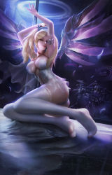 1girl armband armpits arms_up blonde_hair eyelashes female_focus fingernails highres long_fingernails long_hair looking_at_viewer mercy_(overwatch) original overwatch overwatch_1 pink_mercy reflection sitting skindentation solo swept_bangs thighhighs wang_chen white_thighhighs