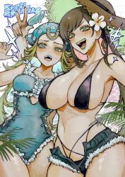 2girls bikini black_bikini blonde_hair blue_eyes blue_nails blue_one-piece_swimsuit breasts brown_hair colored_eyelashes colored_teeth english_text floral_print flower food frilled_one-piece_swimsuit frills genderswap genderswap_(mtf) green_eyes green_lips green_nails gyro_zeppeli hair_flower hair_ornament hat highleg highleg_bikini highres holding holding_food holding_popsicle horseshoe_hat_ornament horseshoe_ornament johnny_joestar jojo_no_kimyou_na_bouken large_breasts long_hair looking_at_viewer multiple_girls neg_50asu one-piece_swimsuit open_fly open_mouth popsicle short_shorts shorts smile sparkle steel_ball_run straw_hat swimsuit v yellow_teeth