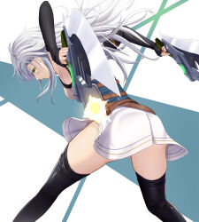 1girl armpits black_socks clothes_lift detached_sleeves dual_wielding eiyuu_densetsu fie_claussell floating_hair green_eyes gunblade highres holding holding_weapon kneehighs kuro_no_kiseki_(series) kuro_no_kiseki_i long_hair sidelocks simple_background skirt skirt_lift socks solo thighs two-tone_background weapon white_hair witch_f