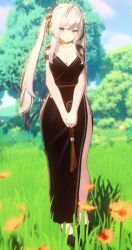 1girl 3d absurdres blue_eyes breasts cleavage dress ever_vrm grass highleg highleg_dress highres large_breasts mabinogi nao_(mabinogi) outdoors white_hair