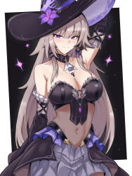 1girl adapted_costume alternate_breast_size bare_shoulders black_hat black_skirt breasts brown_hair collarbone covered_navel cowboy_shot detached_sleeves fangs_(fangs_art) frilled_sleeves frills hat herta_(honkai:_star_rail) highres honkai:_star_rail honkai_(series) large_breasts long_hair looking_at_viewer purple_eyes skirt smile solo the_herta_(honkai:_star_rail) witch_hat