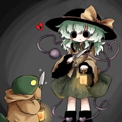 1girl black_eyes black_footwear black_hat blush bow buttons collar diamond_button eyeball eyes_visible_through_hair fedora final_fantasy floral_print frilled_sailor_collar frilled_sleeves frills green_collar green_hair green_skirt grey_background hat hat_bow heart heart_of_string heripantomorrow holding holding_knife holding_lantern knife komeiji_koishi lantern long_sleeves looking_at_another medium_hair open_mouth sailor_collar shirt skirt third_eye tonberry touhou wide_sleeves yellow_bow yellow_shirt