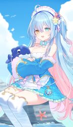 1girl :d absurdres ahoge aoi_minato_(vtuber) apron bare_shoulders blue_dress blue_eyes blue_hair blue_sleeves blush bow bowtie breasts cleavage cloud colored_inner_hair commentary commission coral_hair_ornament day detached_sleeves dress foot_out_of_frame frilled_apron frills green_bow green_bowtie hair_between_eyes hair_ornament heterochromia highres hiraga_matsuri large_breasts long_hair looking_at_viewer luminaria_pro maid_headdress multicolored_hair one_side_up open_mouth outdoors over-kneehighs pink_hair sitting skeb_commission smile solo star_(symbol) star_hair_ornament strapless strapless_dress thighhighs two-tone_hair virtual_youtuber white_apron white_thighhighs yellow_eyes