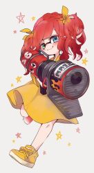 1girl :3 blaster_(splatoon) blue_eyes braid closed_mouth commentary_request dress green_eyes hair_ribbon heterochromia holding holding_weapon inkling inkling_girl inkling_player_character looking_at_viewer matsushita_(matsudbox) medium_hair nintendo no_nose red_hair ribbon shoes sidelocks smile sneakers solo splatoon_(series) tentacle_hair twintails weapon yellow_dress yellow_ribbon yellow_shoes