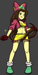 Rule 34 | 1girl, artist name, bandeau, belt, between legs, black choker, blue eyes, blush, breasts, brown hair, cat girl, cat tail, choker, cleavage, clenched hand, closed mouth, collarbone, cropped jacket, female focus, frilled skirt, frills, full body, gem, gloves, green gemstone, green shoes, grey background, hair intakes, hand up, happy, hat, heart, highres, holding own tail, jacket, jaggy lines, legs, licking lips, light blush, long hair, medium breasts, midriff, miniskirt, mole, mole under mouth, navel, oekaki, open clothes, open jacket, pink hat, pink jacket, pocket, red gloves, rockthebull, sara (sonic), shoes, sidelocks, signature, simple background, skirt, smile, solo, sonic (series), sonic the hedgehog (ova), standing, stomach, tail, tail between legs, thighs, tongue, tongue out, very long hair, yellow bandeau, yellow skirt