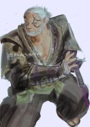 1boy beard black_pants facial_hair facial_tattoo final_fantasy final_fantasy_xiv foot_out_of_frame gosetsu_daito green_eyes highres katana kurogorororo looking_at_viewer male_focus old old_man pants roegadyn samurai_(final_fantasy) short_hair simple_background solo sword tattoo twitter_username weapon white_background white_hair