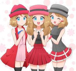 3girls :d ;d black_bow black_shirt black_thighhighs blonde_hair blue_eyes blush bow bow_earrings bracelet breasts clenched_hands closed_mouth collared_shirt commentary_request dress earrings eyelashes grey_hat grey_shirt hand_on_own_chest hat hat_bow highres jacket jewelry long_hair multiple_girls multiple_persona nintendo official_alternate_costume official_alternate_hair_length official_alternate_hairstyle one_eye_closed open_clothes open_jacket open_mouth pink_dress pink_hat pokemon pokemon_(anime) pokemon_journeys pokemon_xy_(anime) red_hat red_jacket red_skirt sakura_enma serena_(pokemon) shirt short_hair skirt sleeveless sleeveless_jacket sleeveless_shirt smile thighhighs