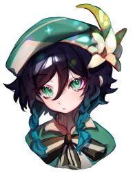 1boy beret bow bowtie braid closed_mouth cloud_(lufaeris) expressionless eyelashes flower genshin_impact gradient_hair green_eyes green_hat hair_between_eyes hat hat_flower looking_at_viewer multicolored_hair portrait simple_background solo venti_(genshin_impact) white_background white_flower