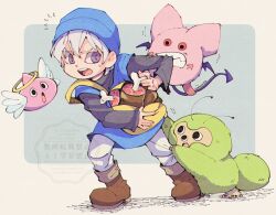 1boy 29qmatatavi 3others angel_slime aqua_background bag bat_wings biting_another&#039;s_arm black_shirt blue_hat blue_tunic boned_meat boots border brown_boots child colored_sclera commentary_request creature_request demon_tail dragon_quest dragon_quest_monsters:_terry&#039;s_wonderland dragon_quest_vi extra_eyes flying_sweatdrops food green_fur halo hat holding holding_bag holding_food meat motion_lines multiple_others open_mouth pants pink_fur pink_sanguini purple_eyes red_sclera shirt short_hair sweatdrop tail terry_(dq6) tunic white_border white_pants white_wings wings