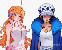 Rule 34 | 2girls, bare shoulders, black hair, brown eyes, canon genderswap, chest tattoo, closed mouth, coat, collarbone, commentary, earrings, freckles, fur-trimmed coat, fur trim, genderswap, genderswap (mtf), hat, headphones, highres, jewelry, leotard, long hair, looking at viewer, multiple girls, nami (one piece), nami (one piece) (egghead), official alternate costume, one piece, orange hair, rottenbuggy, serious, shirt, short hair, sidelocks, simple background, sleeveless, smile, symbol-only commentary, tattoo, trafalgar law, twitter username, upper body, wavy hair, white background, white hat, white leotard, white shirt