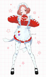 1girl alternate_costume apron black_shoes brown_eyes brown_hair commentary_request floral_print frilled_apron frills full_body grid_background heart heart_hands jacket jersey_maid long_sleeves looking_at_viewer maid maid_headdress mudo_on8 okumura_haru one_eye_closed pantyhose persona persona_5 red_jacket shoes short_hair simple_background smile solo standing star_(symbol) track_jacket twitter_username unconventional_maid white_apron white_pantyhose