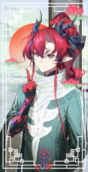 Rule 34 | 1boy, 9 vcat, arknights, chinese commentary, closed mouth, commentary request, dragon boy, dragon horns, green eyes, hand up, highres, horns, long hair, male focus, pointy ears, ponytail, red hair, scales, solo, v, yu (arknights)
