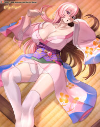 1girl :o artist_name bare_shoulders blue_kimono blush breasts brown_eyes brown_hair cleavage collarbone commentary english_commentary feet_out_of_frame floral_print hands_up heterochromia highres japanese_clothes kimono large_breasts long_hair long_sleeves looking_at_viewer lying multicolored_hair multicolored_kimono neopolitan_(rwby) obi off_shoulder on_back open_mouth orange_kimono patreon_logo patreon_username pink_eyes pink_hair pink_kimono purple_sash rwby sash shorts solo split-color_hair thick_thighs thighhighs thighs tokkuri two-tone_hair variant_set vilde_loh_hocen white_shorts white_thighhighs wide_sleeves yukata