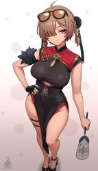 1girl absurdres ahoge artist_logo bare_legs black_dress black_gloves black_shoes blonde_hair blue_eyes braid breasts brown_hair china_dress chinese_clothes cleavage_cutout closed_mouth clothing_cutout commentary cutout_above_navel dress english_commentary eyewear_on_head fingerless_gloves gloves gold_trim hair_over_one_eye hand_fan hand_on_own_hip headgear highres holding holding_fan large_breasts legs logo long_hair looking_at_viewer pelvic_curtain purple_eyes shoes short_hair side_braids single_fingerless_glove smile solo standing sunglasses sweety_(zenless_zone_zero) thighs tinted_eyewear tuanshan underboob_cutout unstableboiler very_long_hair yellow-tinted_eyewear zenless_zone_zero