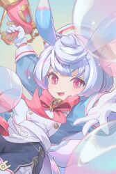 1girl :d animal_ears apron arm_up blue_bow blue_hair bow bowtie bubble commentary english_commentary film_grain genshin_impact gloves gun hat highres holding holding_gun holding_weapon light_blue_hair long_sleeves looking_at_viewer multicolored_hair nooo nurse_cap open_mouth outstretched_arm pink_hair red_bow red_bowtie red_eyes sigewinne_(genshin_impact) smile solo upper_body weapon white_apron white_gloves