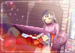 1boy 1girl :d aran_sweater beanie black_pants blush brown_eyes brown_hair cable_knit closed_eyes commentary_request commission couch grey_hair hat indoors jacket knees_up kou_hiyoyo lap_pillow long_hair lying no_shoes on_back on_couch open_clothes open_jacket open_mouth orange_hat orange_scarf original pants pink_sweater profile red_jacket scarf sitting skeb_commission slice_of_life smile socks sweater very_long_hair white_socks window